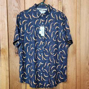 Original Penguin Button Down Short Sleeve Linen Casual Shirt, XL, Orange & Blue